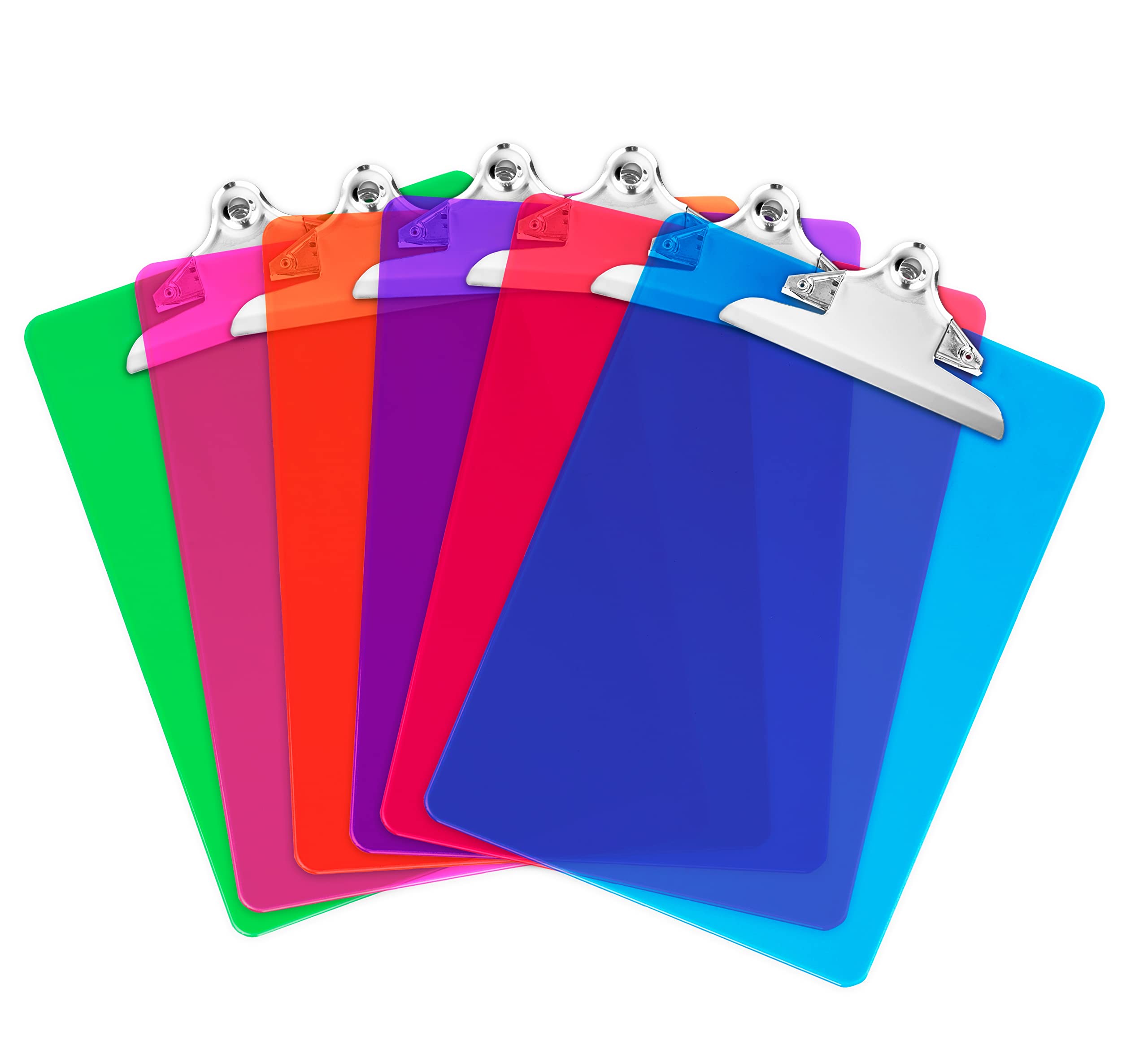 Plastic Clipboards (Set of 6) Multi Pack Assorted Colored Clipboard | Strong 12.5 x 9 Inch | Holds 100 Sheets! Acrylic Clipboards Big Clip Board Clips