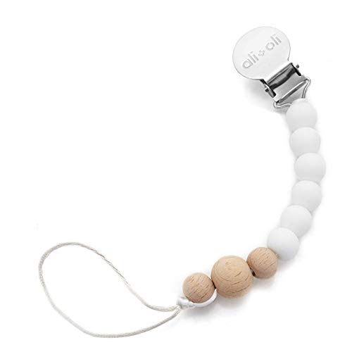 Ali+Oli Pacifier Clip Holder for Baby | Pepe (White Wood)