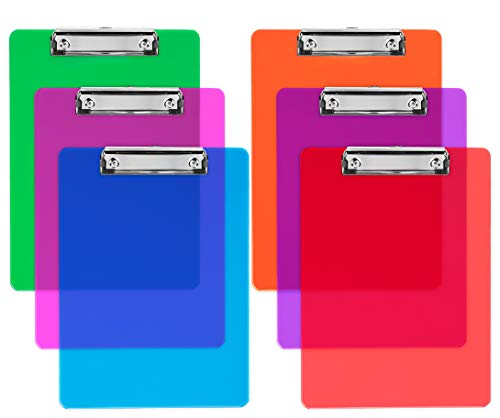 Plastic Clipboards with Low Profile Clip Set of 6-12.5 x 9 Inch Multi Color Plastic Clipboards Bulk - Clear Clipboards Bulk Classroom Holds 100 Sheets, Acrylic Clipboard Clear 6 Pack