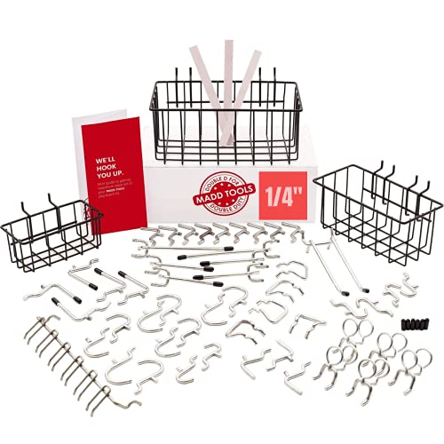 Extra Thick Pegboard Accessories Organizer Kit  | 1/4 Inch Peg Board Attachments  | Peg Board Hook Set and Pegboard Basket Set for Tools - Heavy Duty - Does Not Fall Out Off The Board