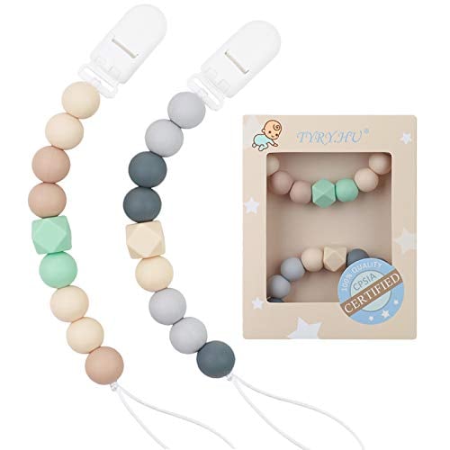 Book Cover Pacifier Clip Baby Boys Silicone Paci Clip Teething Relief Teether Toy Soothie Binky Holder Chewbeads Birthday Christmas Shower Gift Set of 2 (Beige, Grey)