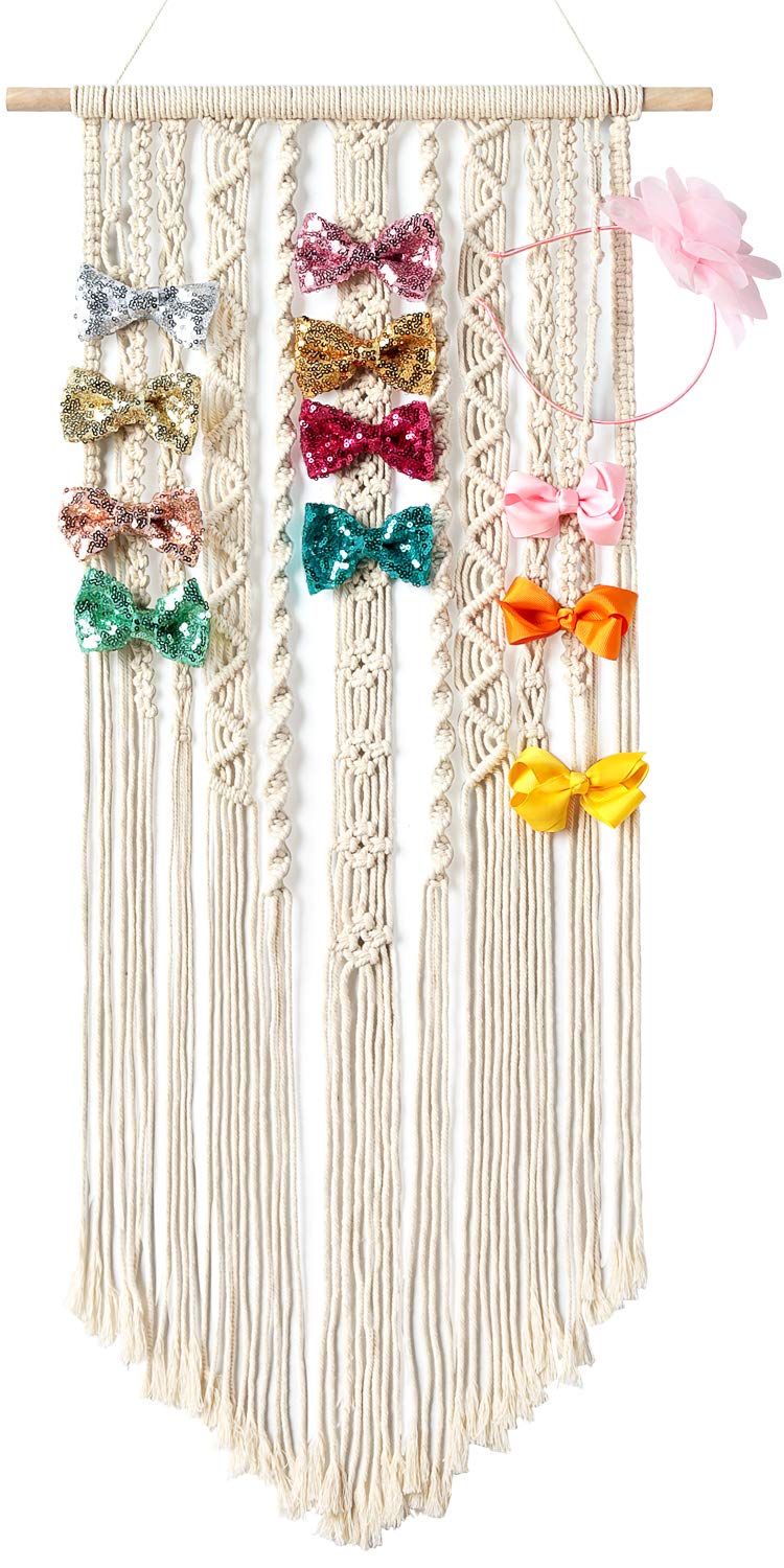 Book Cover Mkono Macrame Bow Holder Hanging Hair Bow Organizer for Girls Hair Bows,Boho Wall Hair Clips Headband Storage Hanger for Baby Toddler Girls Room, Ivory (Clips and Other Props Not Included)