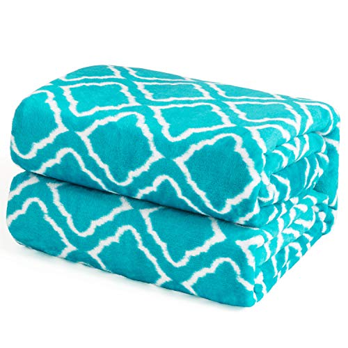Book Cover Bedsure Flannel Fleece Blanket Printed - Lattice Scroll - Blanket for Bed, Couch, Car, Office, Camping Travel and Gifts - Queen Size, 90 x 90 inches, Teal
