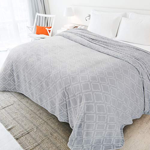 Bedsure Flannel Fleece Blanket Printed - Lattice Scroll - Blanket for Bed, Couch, Car, Office, Camping Travel and Gifts - King Size, 108 x 90 inches, Light Grey