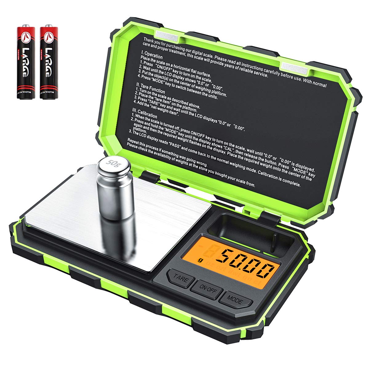 Book Cover AMIR Digital Mini Scale, 200g /0.01g Pocket Scale, 50g Calibration Weight, Electronic Smart Scale, 6 Units, LCD Backlit Display, Tare, Auto Off, Stainless Steel (Battery Included) Green