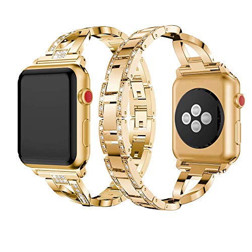 Book Cover Dassions Metal Cuff Bangle Bracelet Bling Rhinestone Diamond Wristband X-Link Glitzy Strap Band for Apple Watch Band 42mm 44mm Women Iwatch Series 6 Series 5 4 3 2 1 SE (42mm/44mm Gold)