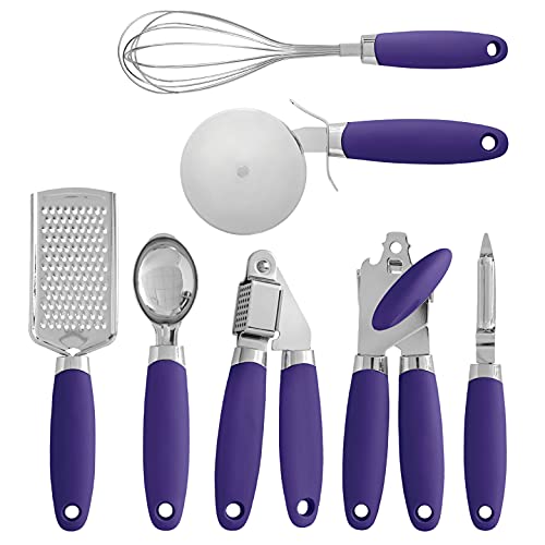 COOK with COLOR 7 Pc Essentials Kitchen Stainless Steel Gadget Set with Soft Touch Good Grip Lavender Handles for Cooking