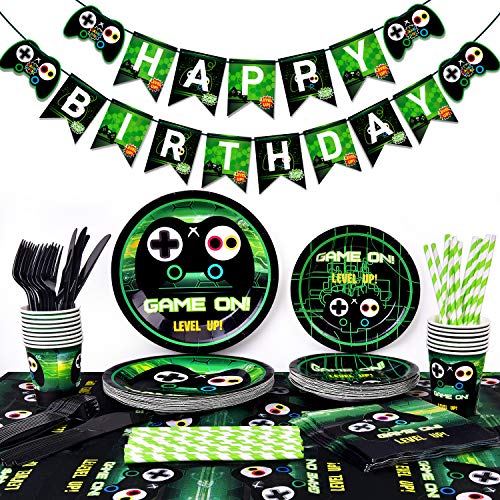 Video Game Party Supplies-Gamer Birthday Party Supplies Including Gaing Paper Plates,Cups,Napkins, Straws And Happy Birthday Banner For Boy Gamer Birthday Party Decoration