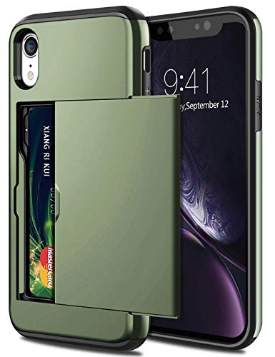 SAMONPOW Case for iPhone XR Hybrid iPhone XR Wallet Case Card Slot Holder Heavy Duty Protection Anti Scratch Dual Layer Hard PC Soft Rubber Bumper Cover for iPhone XR 6.1 inch Olive Green