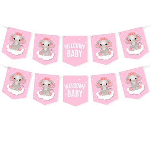 Pink Elephant Party Banner - Welcome Baby - Girl Baby Shower Decorations Supplies - 2 Pack