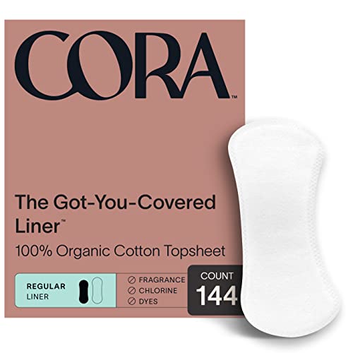 Cora Period Liners | 100% Organic Cotton Topsheet | Ultra Thin, Quick Absorbency | Hypoallergenic | Dermatologically Tested | Unscented, No Wings (144 Regular Liners)