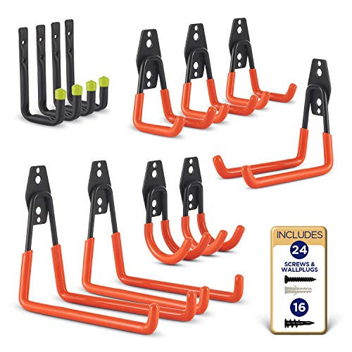 Dwelling With Pride Garage Hooks 12-Pack - Wall Hooks Heavy Duty - Holds 40lb Each - Rust Resistant Utility Hooks for Garden & Garage Tools Organization - Bike Hooks for Garage Wall