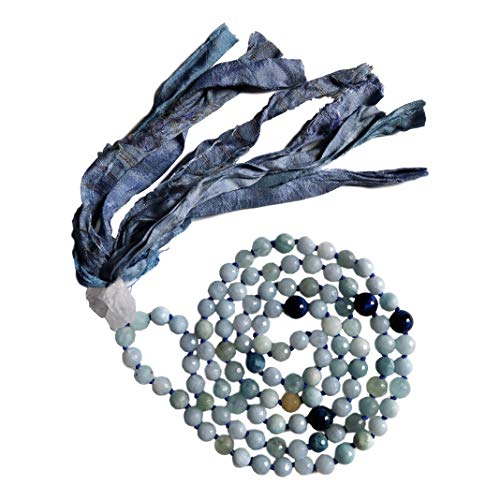 Birsppy 108 Mala Bead Necklace - 8mm Aquamarine Blue Tiger’s Eye Stones - Clear Quartz Guru Bead - Sari Silk Tassel - Meditation, Mindfulness, Yoga - Mala to Foster Calm, Protection and Peace