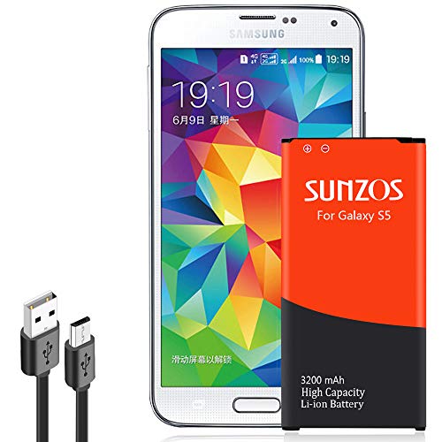 SUNZOS Galaxy S5 Battery, 3200mAh Li-ion Replacement Battery for Galaxy S5 [ I9600, G900F, G900V (Verizon), G900T (T-Mobile), G900A (AT&T),G900P(Sprint)] [3 Years Warranty]