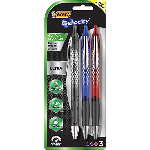 BIC Gel-ocity Ultra Retractable Gel Pen, Assorted Colors, 3-Count