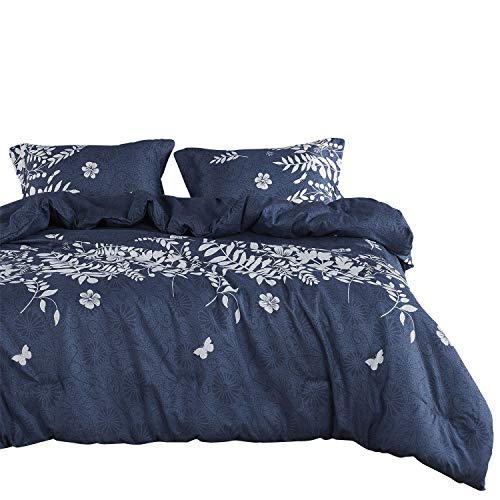 Wake In Cloud - Navy Blue Comforter Set, Gray Floral and Tree Leaves Pattern Printed, Soft Microfiber Bedding (3pcs, California King Size)
