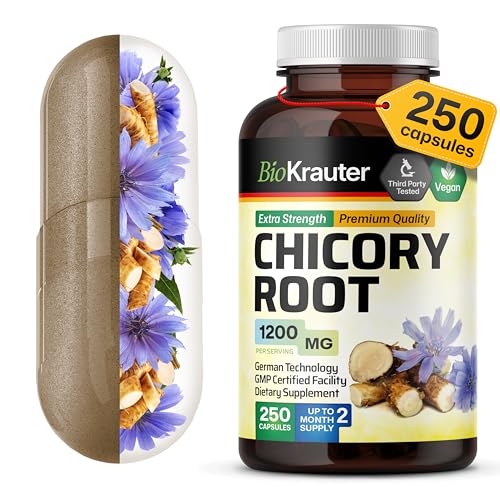 MAUWE HERBS Chicory Root Fiber Capsules - Organic Chicory Root Inulin Pills for Digestive Support - Chicory Powder Herbal Supplement - Vegan - 1200mg, 250 Caps