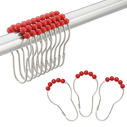 Amazer Shower Curtain Hooks Rings, Stainless Steel Shower Curtain Rings and Hooks for Bathroom Shower Rods Curtains-Set of 12, Red