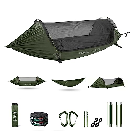 ETROL Camping Hammock with Mosquito Net,3 in 1 Function Parachute Portable Hammock,Double & Single Hammocks Tent for Travel Outdoor Indoor Hiking Patio - with Tree ​Straps,Aluminum Buckle
