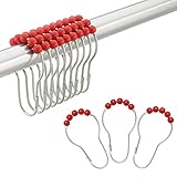 Amazer Shower Curtain Hooks, Decorative Shower Curtain Hooks Red Stainless Steel Shower Curtain Hooks and Shower Hooks for Bathroom Shower Rods Curtains-Set of 12