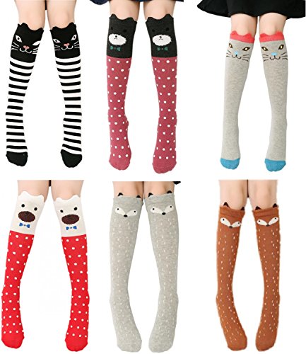 CISMARK Cartoon Animal Cat Bear Fox Cotton over Calf Knee High Socks, 6 Colors, One Size
