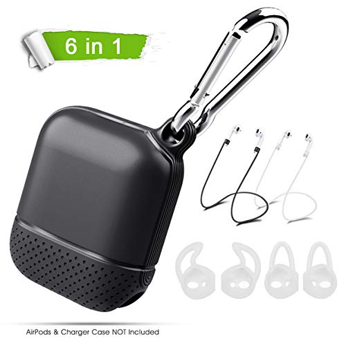 AirPods Case 6 in 1 Airpods Accessories Kits Protective Silicone Cover and Skin for Apple Airpods Charging Case with Airpods Ear Hook Grips/Airpods Staps/Airpods Clips/Skin/Tips/Grips Black