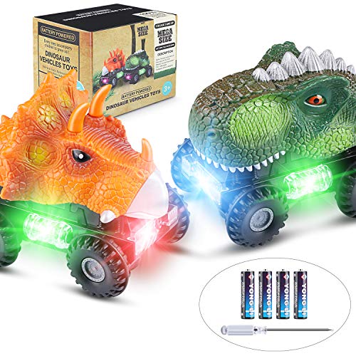 Tencoz Dinosaur Cars, Kids Dinosaur Vehicles Set with LED Light Monster Sound Animal Car Toys for Toddlers Boys Girls Age 3-8 (2 Pack)