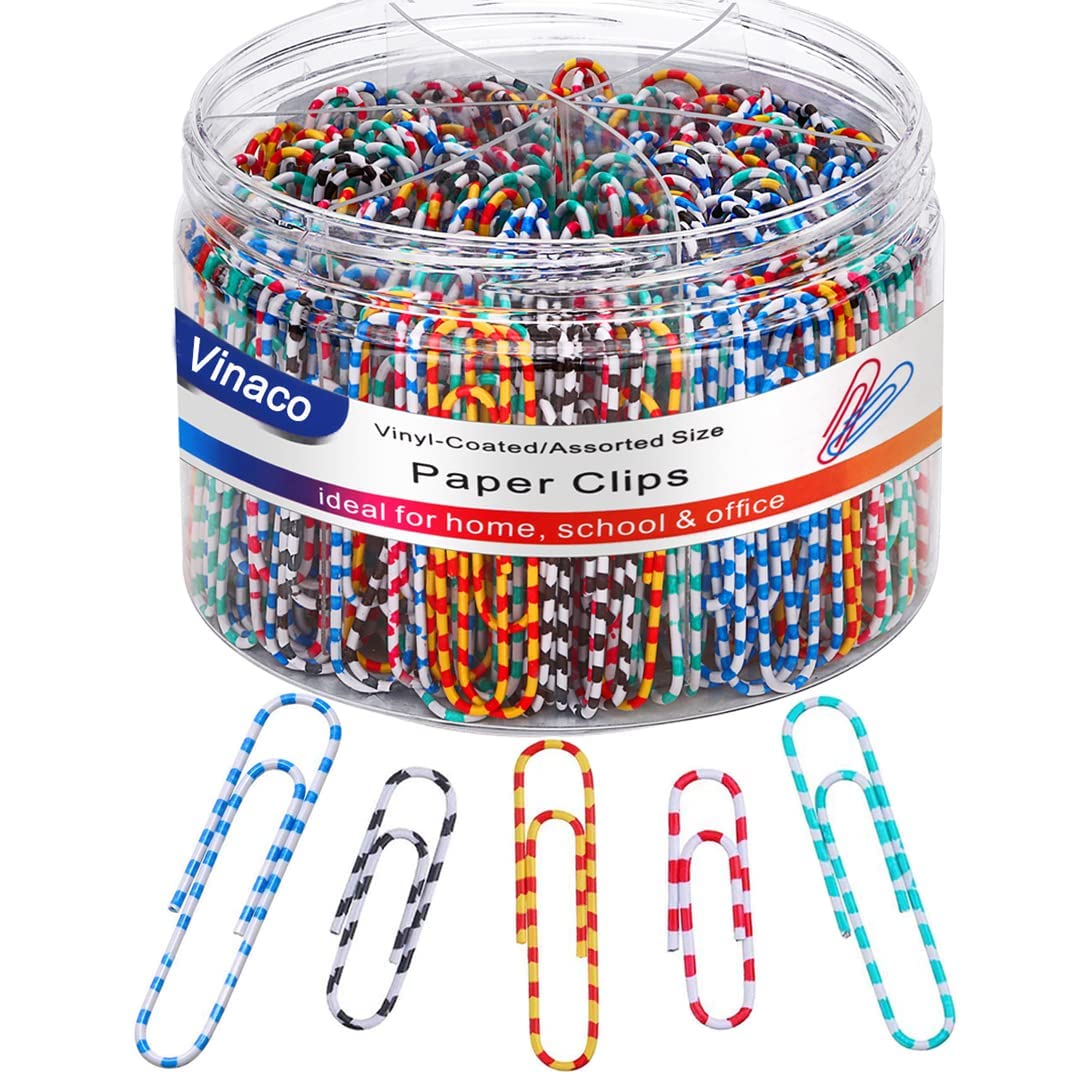 Vinaco Paper Clips Color Stripe, 400PCS Medium & Large (1.3 inch & 2 inch) Paper Clip Assored Size, Durable and Rustproof, Vinyl Coated Paperclips Colorful for Office School Document Organizing