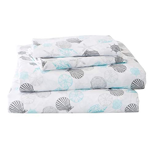 Book Cover Great Bay Home Printed Coastal Microfiber Bed Sheets. Wrinkle Free, Deep Pockets, Beach Theme Sheet Set. Newport Collection (Queen, Seashell)