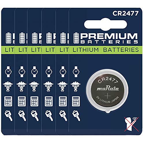 Premium Batteries Murata CR2477 Lithium 3V Coin Cell Batteries Child-Safe (6 Pack)
