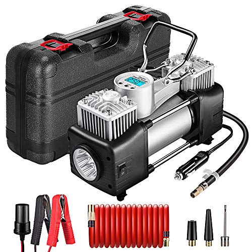 Book Cover Yome Portable Dual Cylinder Air Compressor Pump, 12V Heavy Duty Portable Air Pump with LED Flashlight and LCD Digital Display Gauge for Car Tires, Balls, Other Inflatables