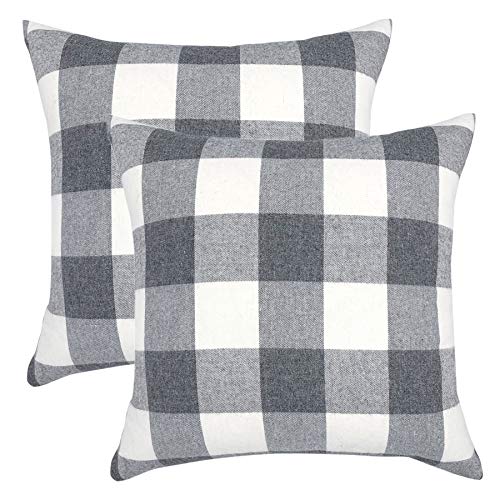YOUR SMILE Retro Farmhouse Buffalo Tartan Chequer Plaid Polyester Linen Decorative Throw Pillow Case Cushion Cover Pillowcase for Sofa,Set of 2 (Grey, 18''x18'')