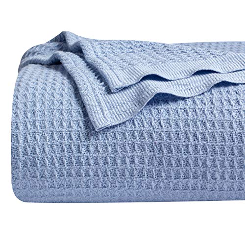 Book Cover Bedsure 100% Cotton Blankets Queen Size for Bed - Blue 405GSM Waffle Weave Soft Lightweight Thermal Bed Blankets Queen Size, 90x90 inches