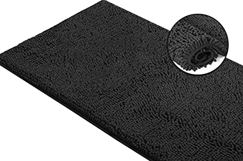 LuxUrux Bath Mat-Extra-Soft Plush Bath Shower Bathroom Rug,1'' Chenille Microfiber Material, Super Absorbent Shaggy Bath Rug. Machine Wash & Dry (27''x 47 inches, Black)