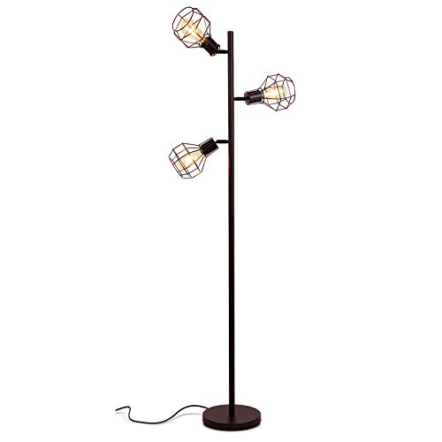 Brightech Robin - Industrial Tree Floor Lamp with 3 Cage Heads & Vintage Edison Bulbs - Rustic, Farmhouse Pole Light for Living Rooms - Free Standing LED Lighting for Bedroom - Black