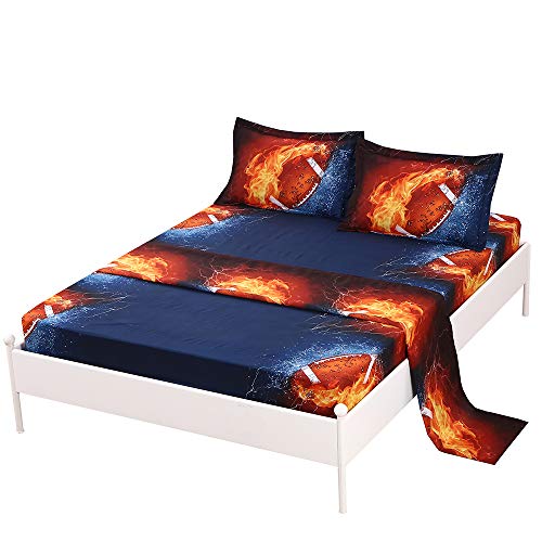 SDIII 4PC American Football Bed Sheets Queen Size Sport Bedding Sheet Sets with Flat Fitted Sheet for Boys, Girls and Kids