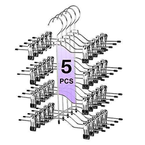 Multi Layer Pants Hangers, Pants Clips, Skirt Hangers with Adjustable Clips 4 Tier Space Saving Metal Trouser Hangers Heavy Duty Ultra Thin with 360 Degree Chrome Swivel Hook (5 Pack)