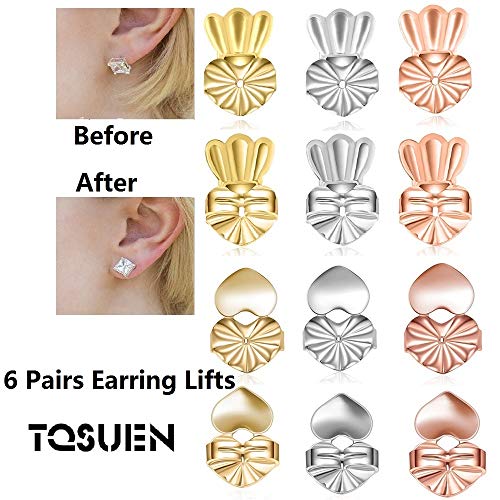 Book Cover TQsuen Original Magic Earring Lifters, 6 Pairs Magic Backs for Earrings Adjustable Secure Earring Lifts Safety Drooping Earring Backs for Ear Lobe Lifter (2 Silver/ 2 Gold/ 2 Rose Gold)