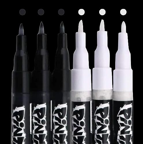PINTAR Black & White Paint Marker Black & White Acrylic Paint Pens for Wood, Rocks, Canvas, Ceramic Glass, Paper, Fabric, Metal, & Plastic - 6 Pack Japanese Ink Extra Fine Point Outline Pens