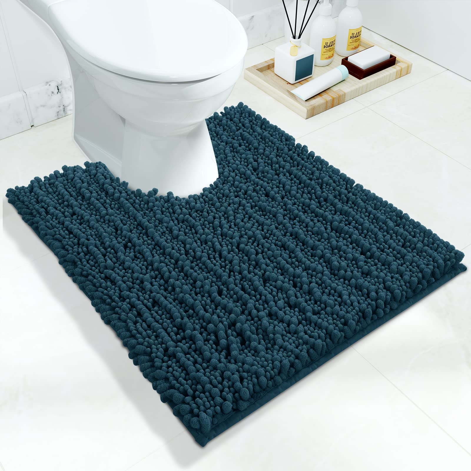 Book Cover Yimobra Luxury Shaggy Toilet Bath Mat U-Shaped Contour Rugs for Bathroom, 24.4 X 20.4 Inches, Soft and Comfortable, Maximum Absorbent, Dry Quickly, Non-Slip, Machine-Washable, Peacock Blue Peacock Blue 20.4