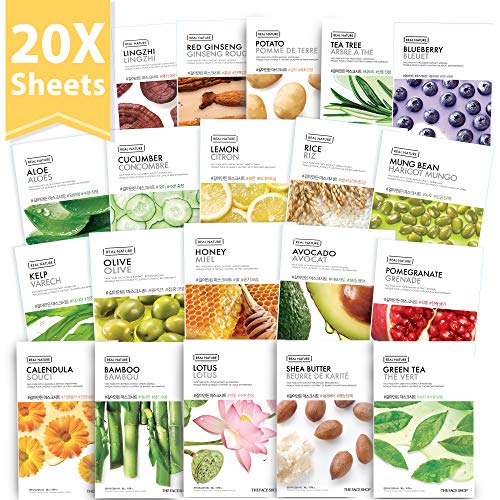 [THEFACESHOP] Korean Facial Mask Sheets, Real Nature Full Face Masks Peel Off Disposable Sheet - 20 Masks