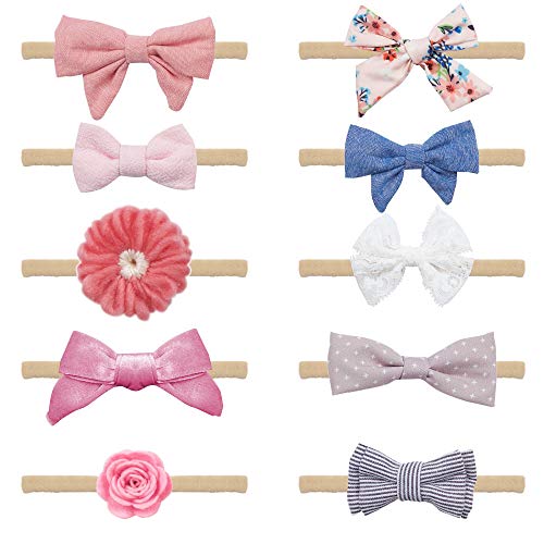 Baby Girl Headbands and Bows - 10 Piece Soft Elastic Nylon Flower Headband Accessories For Newborn, Infant, Toddler - Handcrafted Hair Bands & Ties