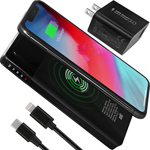 2021 updated - Qi wireless power bank fast charging - Lightning 15W Qi wireless portable charger - Premium iPhone, Android USB C power bank 10000 mah