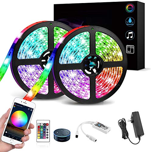 Led Strip Lights, WiFi Wireless Smartphone Controlled Waterproof RGB Rope Lights Flexible 5050 Light Strip 32.8ft 300Leds 24key IR Remote Controller UL Power Adapter Work with Android iOS Alexa