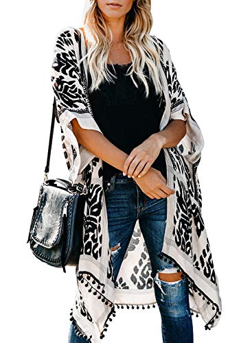Sidefeel Women Print Kimono Cardigan V Neck Loose Beach Cover Up