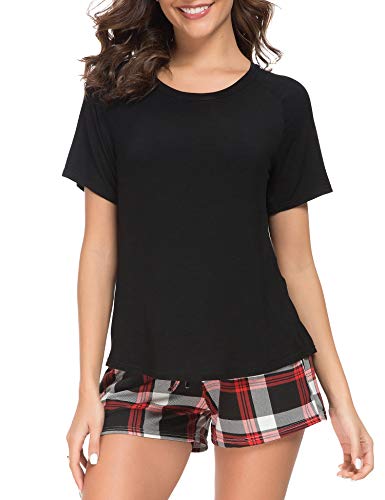 M-anxiu Pajama Set Womens 2 Pcs Cotton Short Top & Short Plaid Bottoms Sleepwear S-XXL â€¦