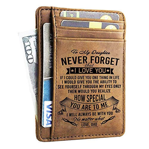 Minimalist Wallets Christmas Gift for Son from Dad - Engraved Leather Front Pocket Wallet - Custom Wallet RFID Blocking (W - 014 - Dad To Daughter) Gift Ideas - Card Case Wallet for Her
