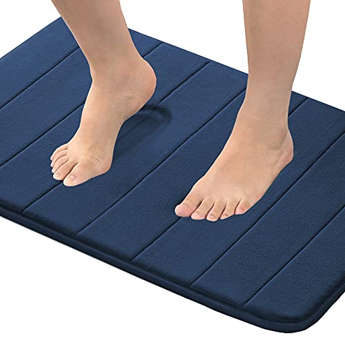 Flamingo P Memory Foam Bath Mat for Bathroom Non Slip Bath Rug Velvet Thick Soft and Comfortable Water Absorbent Machine Washable Easier to Dry Floor Rug Mats, 20x32 Inches, Navy