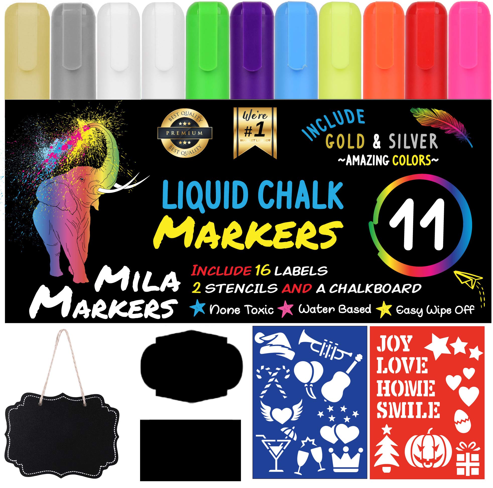 Mila Markers Chalk Marker Set - 11 Liquid Metallic Chalkboard Pens, 16 Labels, a Mini Chalkboard and More! Non-Toxic Washable Marker Pens with Reversible Dual Tip! Ideal for Home, School, & Office Use