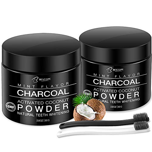 BESTOPE 2 Pack Charcoal Teeth Whitening Powder, Natural Activated Coconut Charcoal Teeth Whitener Powder with 2 Brush Oral Care Set (2.8 oz x 2)